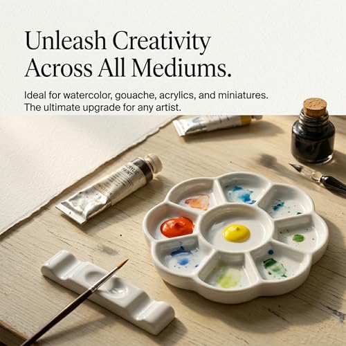 5" Ceramic Watercolor Palette with Brush Holder Set - Plum Blossom Porcelain Paint Palette for Mixing, Easy to Clean White Ceramic Palette for Watercolor, Gouache & Ink Painting - color: Small White