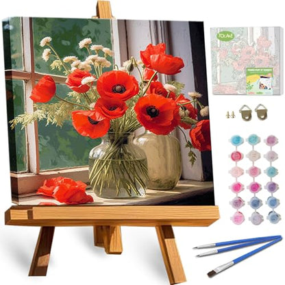 TOCARE Framed Paint by Numbers Kit for Adults Beginners, 12x12inch Red Flower Paint by Number with Frame,Easy Window Flowers Poppies Paint by Numbers Framed Canvas (Without Easel) - color: TC-F-219