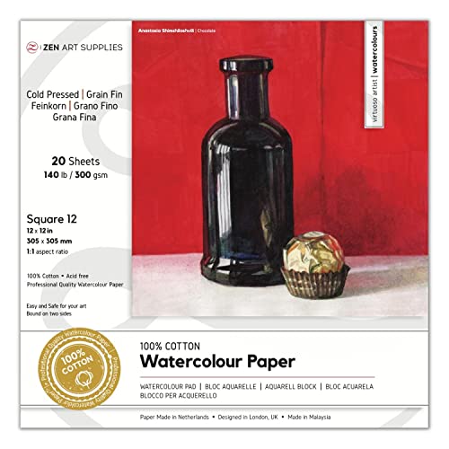 100% Cotton Watercolor Paper Block 140 lb - 12x12 in Cold Pressed 20 Sheets | Professional Grade Water Color Paper, Acid-Free Archival, Dual Texture Surfaces, Warp-Free Block Binding, Gouache & Wet-Media - size: 12"x12" Square 12