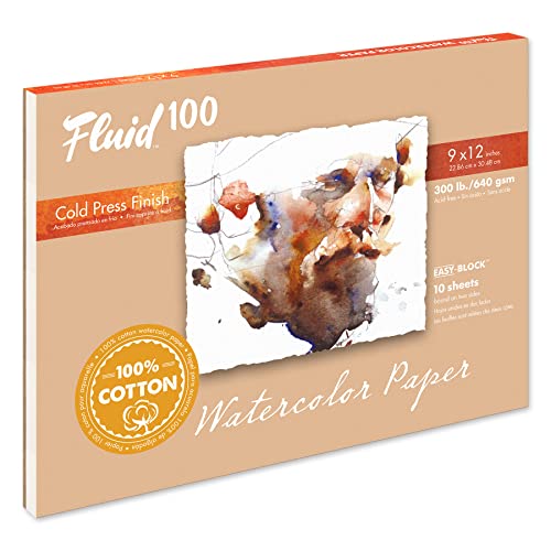 Fluid 100 Artist Watercolor Block, 300 lb (640 GSM) 100% Cotton Cold Press Pad for Watercolor Painting and Wet Media w/Easy Block Binding, 9 x 12 inches, 10 Sheets - size: 9 x 12 (300 lb)