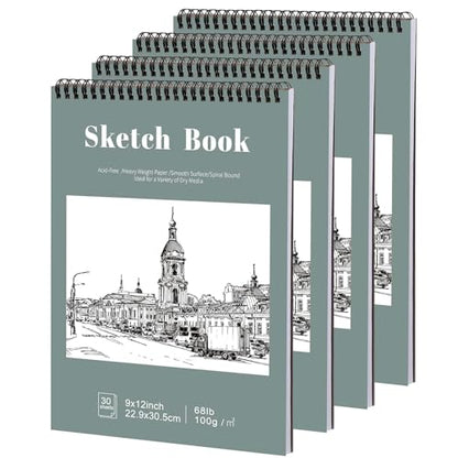 4 Pack Sketch Book, 9 x 12 Inch Sketchbook, 68lb/100gsm Top Spiral Bound Sketch Pad, Acid Free Art Supplies Drawing Painting Sketching Paper for Kids, Adults, Beginners, Artists (30 Sheets Each) - color: Light Cyan, size: 9 × 12Inch（4 Pack）