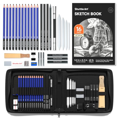 Shuttle Art Sketching and Drawing Pencils Set, 37-Piece Professional Sketch Pencils Set in Zipper Carry Case, Drawing Kit Art Supplies with Graphite Charcoal Sticks Tool Sketch book for Adults Kids