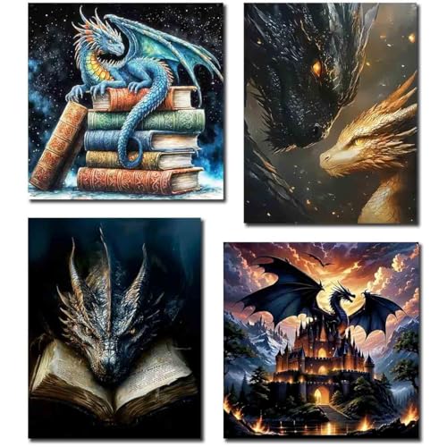 VIGEGU 4 Pack Diamond Art Kits for Adults - Dragon Diamond Painting Kits | 5D Diamond Dots Round Dimond Art Paintings DIY Full Drill Gem Art Craft Kit for Home Decor and Gifts 12X16-13.8x13.8inch - color: dragon-4 PACK