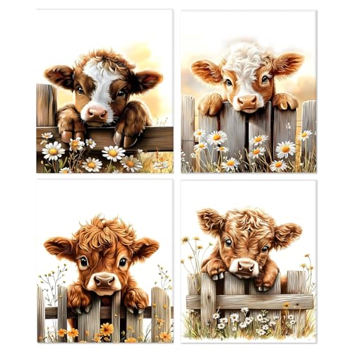 XUNLURY Rustic Highland Cow Diamond Art Kits 4 Pcs, Farmhouse Baby Highland Cow Diamond Painting Kits for Kids Adults Beginners, Full Drill Diamonds Dots for Home Decor, 9.8x11.8 Inch - color: color_E, size: 10 x 11.8 inches