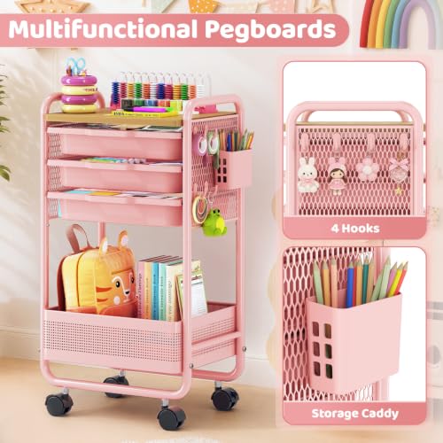 KINGRACK 3 Tier Rolling Cart with Drawer, Metal Utility Storage Cart, Pink | 3 Drawers, Pegboard & Wood Tabletop, Lockable Wheels, 4 Hooks & 1 Bin, for Living Room,Bedroom,Craft Room,Office,Kids Room - color: Pink