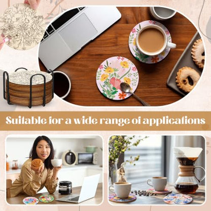 Reallnaive 77 Pcs Flower Coasters Painting Kit, 20 Set Wooden Drink Coasters 4 Inch with Holder & Markers Boho DIY Crafts for Adults, Women, Hobby, Color Your Own Art Craft Supplies - style: Flower