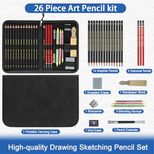 Heshengping, Sketching and Drawing Pencils Set 26pcs, Art Supplies Drawing pencil Kit,Graphite Charcoal Professional Pencils Set, Adults Beginners Artist - style: 26 Pack Sketching Pencils Black