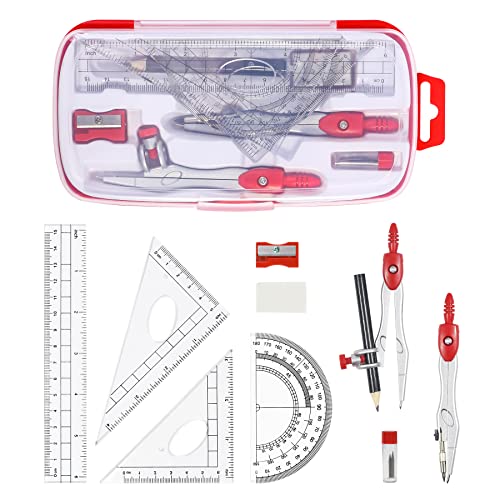 Vobou Math Geometry Sets 10 Pcs, Student Supplies Kit, Compass Set (Red - color: Red