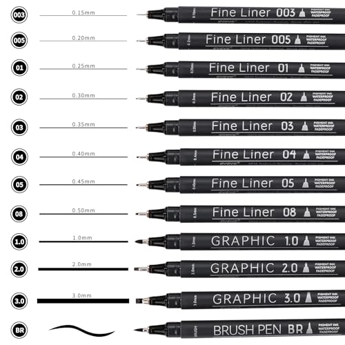 EYEYE Micro Fineliner Pens, Black Drawing Art Pens,12 Archival Pen Waterproof Ink Set Artist Supplies Archival Inking Markers Sketch Outline Pen, Precision Drawing and Sketching Kit - size: 12 Pack