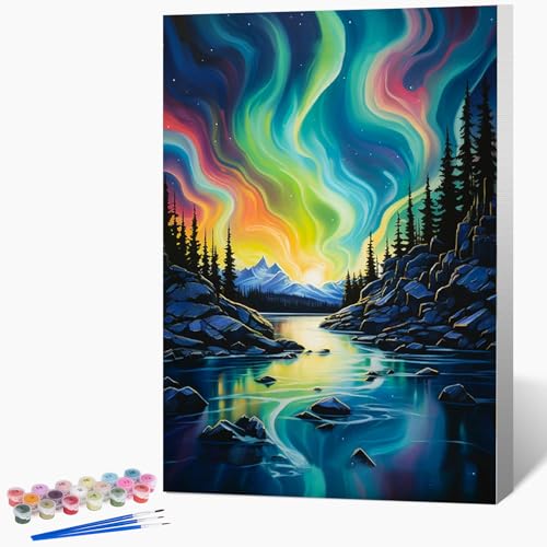 Framed Paint by Numbers Kit for Adults Beginner 8x12 Inch, Starry Night Adult Paint by Number Kits on Canvas, DIY Acrylic Watercolor Landscape Oil Paint by Number for Adults for Home Decor Gift - color: DG-OP-F-ColorfulAurora-2030