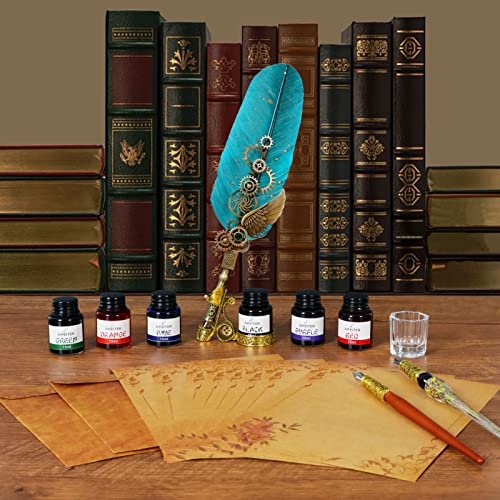 Aifeiter Quill Pen Feather Calligraphy Pen and Ink Set,Wax Seal Stamp Set,includes Quill Pen,Glass Dipping Pen,Wooden Dipping Pen,6 Bottles of Ink,8 Sheets of Writing Paper,Envelope-Green - color: Green