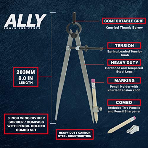 ALLY Tools 8 Inch Precision Locking Spring Divider/Woodworking Compass with Pencil Holder INCLUDES Two Pencils and Pencil Sharpener Ideal for Drawing, Drafting, Carpentry