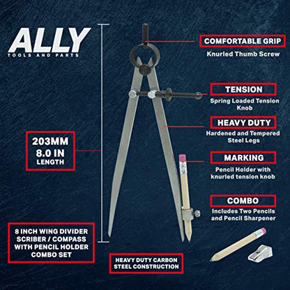 ALLY Tools 8 Inch Precision Locking Spring Divider/Woodworking Compass with Pencil Holder INCLUDES Two Pencils and Pencil Sharpener Ideal for Drawing, Drafting, Carpentry