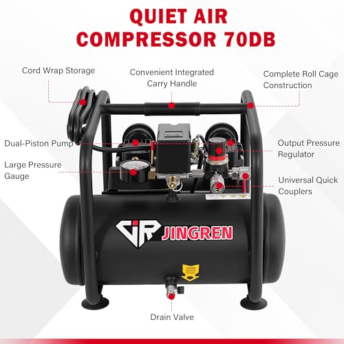 2 Gallon Quiet Oil Free Air Compressor With Air hose, Only 68dB, 1.2HP