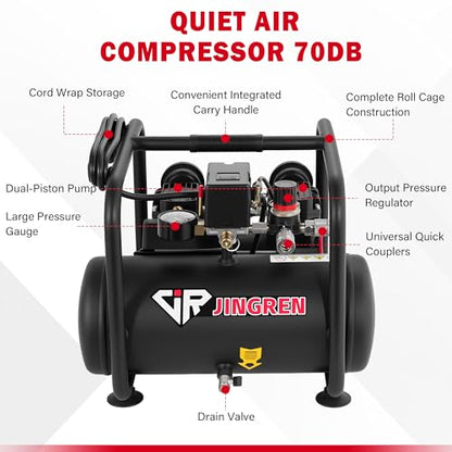 2 Gallon Quiet Oil Free Air Compressor With Air hose, Only 68dB, 1.2HP