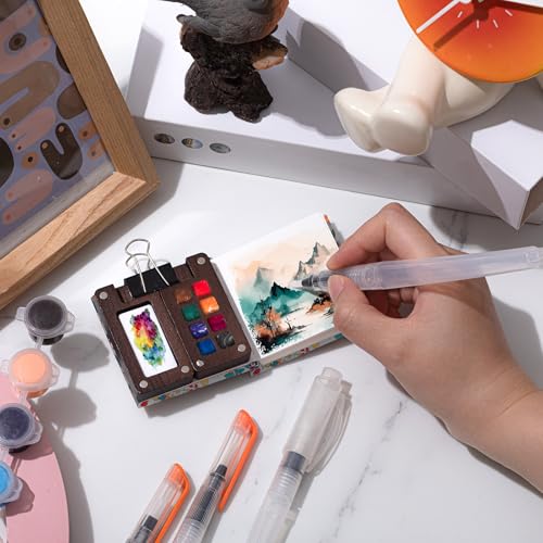 Qilery Mini Portable Watercolor Palette Set Wooden Grid Paint Box Watercolor Paper Sketch Book Brush Pens with Binder Clip for Painters Artist Not Include Paint(Red Flowers) - style: Red Flowers