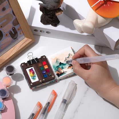 Qilery Mini Portable Watercolor Palette Set Wooden Grid Paint Box Watercolor Paper Sketch Book Brush Pens with Binder Clip for Painters Artist Not Include Paint(Red Flowers) - style: Red Flowers