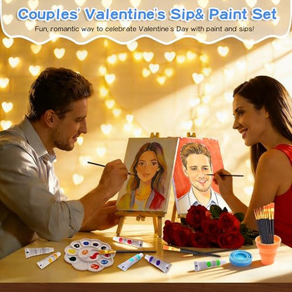 Paint & Sip Kit for 2, 8x10 Canvas Board with Easel for Couples Date Night | 2-Person Art Set:2 canvases,2 wood easels, brushes,paints & palettes.Ideal for painting parties,anniversaries & girls' night