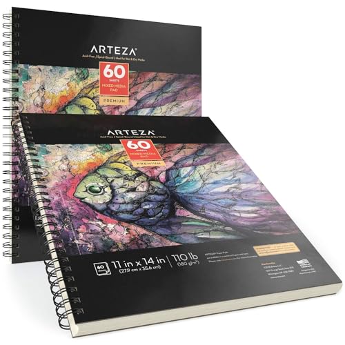 ARTEZA Mixed Media Sketchbook, 11x14 Inches – 2-Pack, 60 Spiral-Bound Sheets, 110 lb Acid-Free Paper for Wet & Dry Media: Acrylic, Ink & Pencil - size: 11"x14" (Pack of 2)