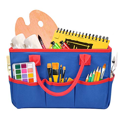 ZKOO Craft Organizer Tote Bag, Portable Art Supply Storage Caddy with 6 Pockets & Removable Divider, Multi-Purpose Teacher Bag for Sewing, Scrapbooking, Office & Travel - Blue, Small - color: Blue, size: Small