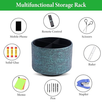 Round Leather Art Supply Organizer,Remote Control Holder,360 Degree Spinning,Multi-Functional Pencil Holder,4 Compartments Desktop Stationary Organizer(1-Carved Metal Green3) - color: 1-Carved Metal Green3