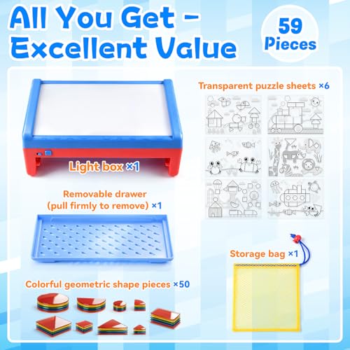 PLAY Light Box for Kids, LED Light Table with 6 Translucent Puzzle Films and 50 Shapes, Adjustable Colors and Brightness, Sensory Toy for Painting, Sketching, Drawing and Early Development
