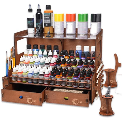 OPHIR Wooden Paint Organizer for 104 Bottles with 2 Brush Holder, 2 Drawer - size: 1.02" & 1.42"-104 Holes