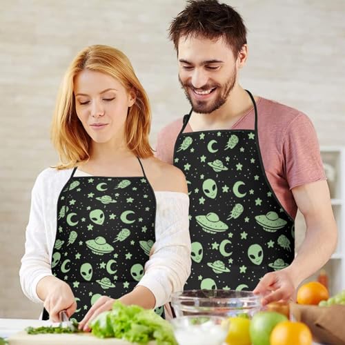 Apron with 2 Pockets,Kitchen Chef Artist Aprons for Cooking Gardening Baking Painting, Waterproof Apron 33" x 27" - color: Alien