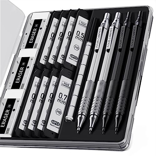4PCS Metal Mechanical Pencil Set, 0.5mm+0.7mm, Storage Case, Black＆Silver - color: Silver+Black (4PCS)