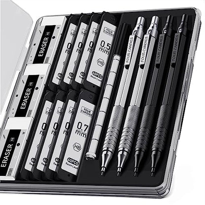 4PCS Metal Mechanical Pencil Set, 0.5mm+0.7mm, Storage Case, Black＆Silver - color: Silver+Black (4PCS)