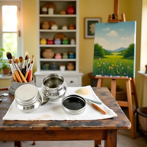 1PC Stainless Steel Oil Painting Palette Cup with Lid and Clip 2 Dipper Large Mouth Oil Paint Pot Container Leakproof Oil Paint Container Cup Turpentine Solvent Tins for Drawing Art Suppllies