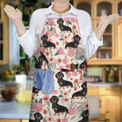 Apron with 2 Pockets,Kitchen Chef Artist Aprons for Cooking Gardening Baking Painting, Waterproof Apron 33" x 27" - color: Dachshund