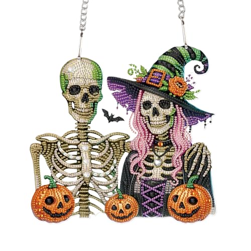 AiYuanzsh Large Diamond Art Painting Pendant 5D Diamond Art Hanging Kit Halloween Skull Pumpkin DIY Crystal Window Door Pendant for Adults Gift Wall Home Halloween Decoration (24.1x23.1 cm) - color: Halloween Skull