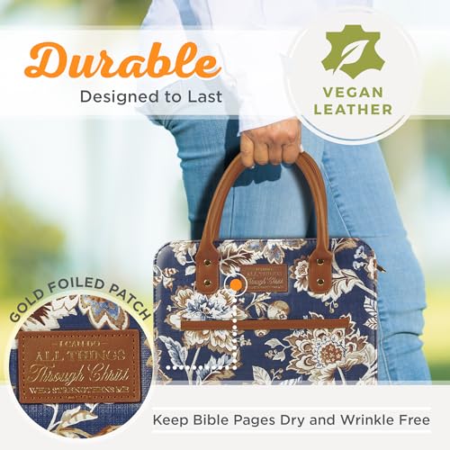Christian Art Gifts Fashion Vegan Leather Purse Style Bible Cover Case for Women: All Things Through Christ Gold Inspirational Scripture, Pen Loops, Two Handles, Pockets, Navy & Brown Floral, Large - size: Large