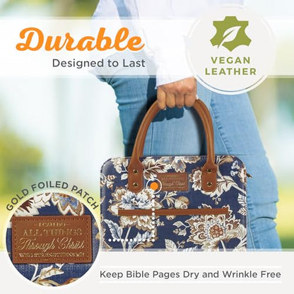 Christian Art Gifts Fashion Vegan Leather Purse Style Bible Cover Case for Women: All Things Through Christ Gold Inspirational Scripture, Pen Loops, Two Handles, Pockets, Navy & Brown Floral, Medium - size: Medium