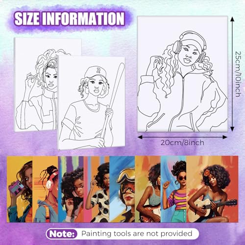Sherr 20 Pcs Stretched Pre Drawn Canvas African American Canvas to Paint Afro Queen Black Art for Painting for Adults Outline Pre Drawn Stretched Cotton Art to Paint Party Set, 8 x 10 - style: Vintage