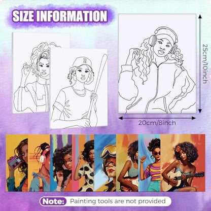 Sherr 20 Pcs Stretched Pre Drawn Canvas African American Canvas to Paint Afro Queen Black Art for Painting for Adults Outline Pre Drawn Stretched Cotton Art to Paint Party Set, 8 x 10 - style: Vintage