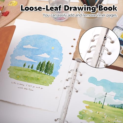 Watercolor Journal, 24 Sheets, 5.5 x 8.1 in, Khaki Leather Cover - color: Light Brown