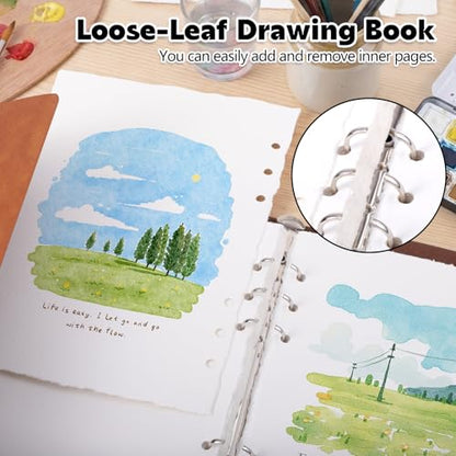 Watercolor Journal, 24 Sheets, 5.5 x 8.1 in, Khaki Leather Cover - color: Light Brown