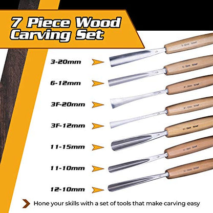 7-pc Wood Chisel Set with Gouges, Hand Sharpened | Professionally sharpened carving chisels for beginners, sculpture and relief carving, ergonomic handles, tutorials included - color: Professionally Sharpened 7 Piece Set