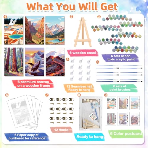 EggSun 6 Pack Framed Paint by Numbers Kit for Adults,Beginners with Wooden Easel,DIY Acrylic Oil Painting Paint by Numbers Kits on Canvas for Home Decor(National Park Landscape,8x12Inch) - style: National Park