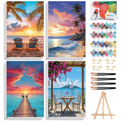 4 Pack Framed Paint by Numbers Kit for Adults Beach with Wooden Easel | With Frame Canvas 8x12 IN, For Adults Beginner, DIY Acrylic Painting Landscape, Stress Relief Craft Kit, Home Wall Decor Gift - color: FOP4P-03