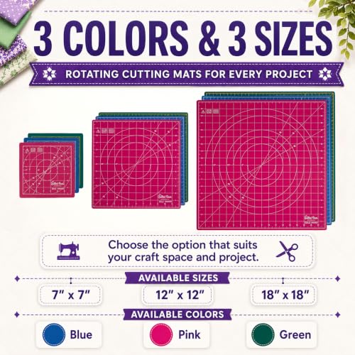 The Quilted Bear Rotating Cutting Mat 18" x 18" - Square 360° Rotating Self Healing Mat with Innovative Locking Mechanism for Quilting & Sewing Your Choice of Colours Available! (Pink) | Square Mat, 360° Rotation, Locking Mechanism, 5-Layer Surface, Non-S