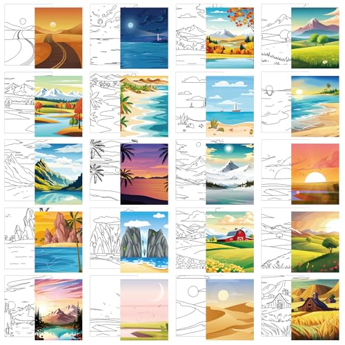 Sherr 20 Pcs Stretched Pre Drawn Canvas Afro Queen Black Art for Painting for Adults Outline Pre Drawn Stretched Cotton Canvas to Paint Party Set, 8 x 10''(Landscape) - style: Landscape