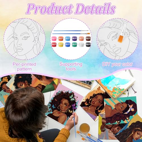 Blosssound 10 Set Pre Printed Canvas Pre Drawn Canvas Painting with Easel Kits 5" x 7" Outline Painting Panels for Beginners, DIY Craft Project, Home Decors(Black Women) - style: Modern