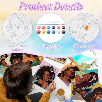 Blosssound 10 Set Pre Printed Canvas Pre Drawn Canvas Painting with Easel Kits 5" x 7" Outline Painting Panels for Beginners, DIY Craft Project, Home Decors(Black Women) - style: Modern