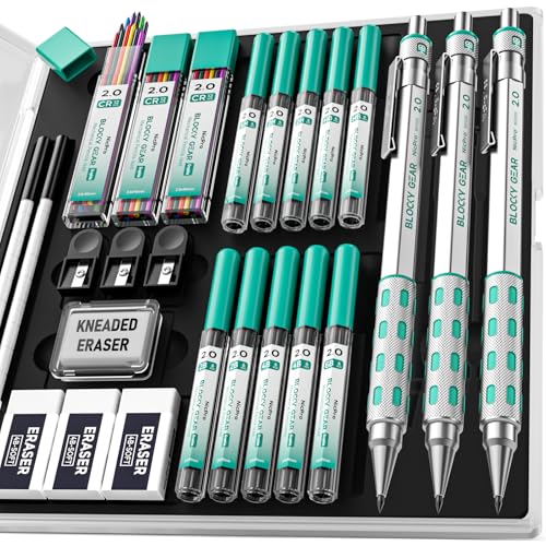 Nicpro 3 Pack Blocky Gear 2.0 mm Metal Mechanical Pencils Set with Case | Drafting Pencil with 13 Tubes 2mm Lead Refills (HB 2B 2H 4B 4H 6B & Colors), Erasers for Carpenter Writing Drawing - style: 2.0mm