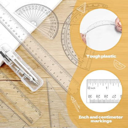 7Pcs Geometry Set-Clear Plastic Rulers,Triangle Ruler,Protractor,Compass | 12Inch & 6Inch Ruler Set for School Office Math Drawing Drafting Engineering Architecture Art