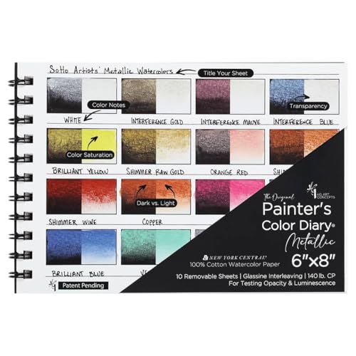 HG Art Concepts Metallic Watercolor Diary - Color Swatch Book - 10 Removable Pages, 6x8 - Spiral Bound w/Glassine Paper, 16 Metallic Swatch Boxes/Page, 140 lb Cotton Cold Press Watercolor Paper - color: Metallic Watercolor, size: 1 Pad | 10 Pages