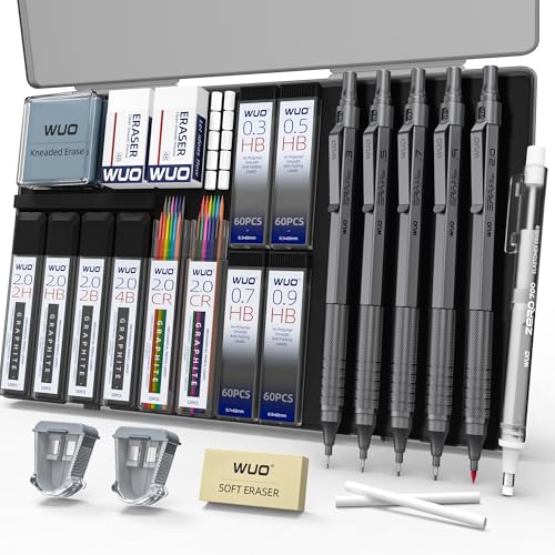 WUO Mechanical Pencil Set, 5 Pack Drafting Pencils 0.3/0.5/0.7/0.9/2.0mm | Mechanical drawing pencils, 312 lead refills, erasers/sharpeners for drafting, technical drawing, sketching, writing & art - color: Grey, size: 0.3/0.5/0.7/0.9/2.0